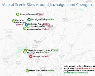 Map of Scenic Sites Around Jiuzhaigou and Chengdu